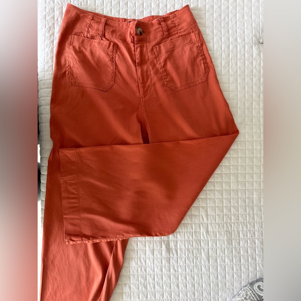 Anthropologie Maeve Colette Crop Linen Pant in coral orange